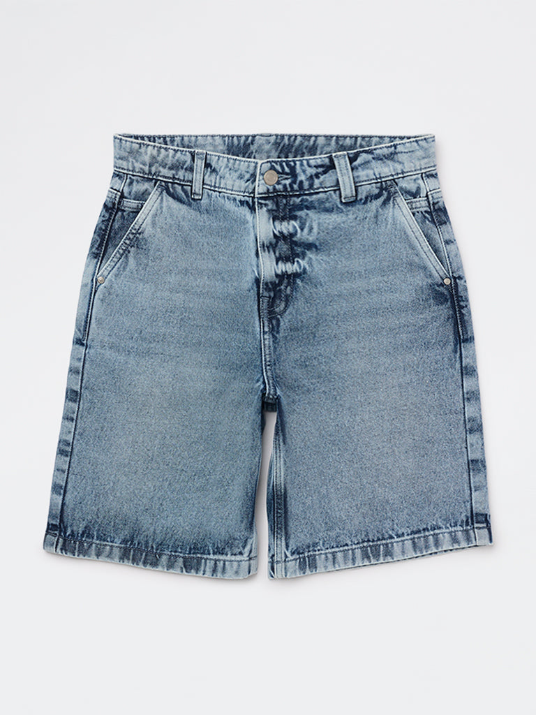 Boys Blue Faded Mid-Rise Denim Shorts