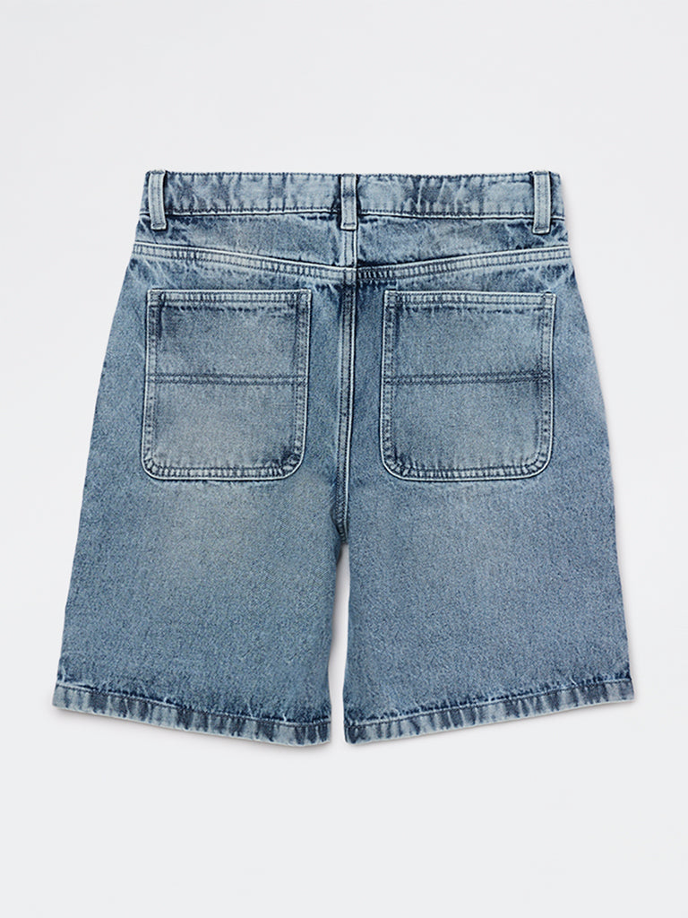 Boys Blue Faded Mid-Rise Denim Shorts