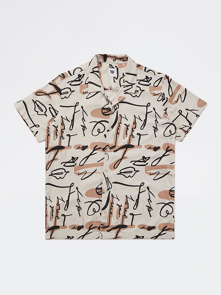 Boys  Taupe Printed Shirt