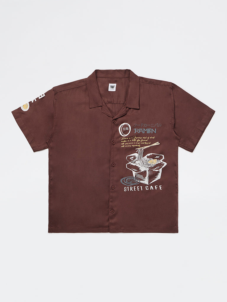 Boys Dark Brown Printed Shirt