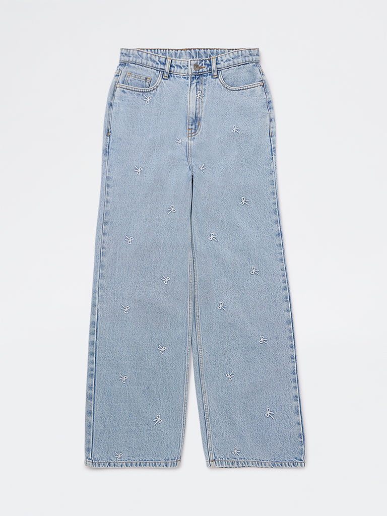 Girls Blue Embroidered High-Rise Jeans