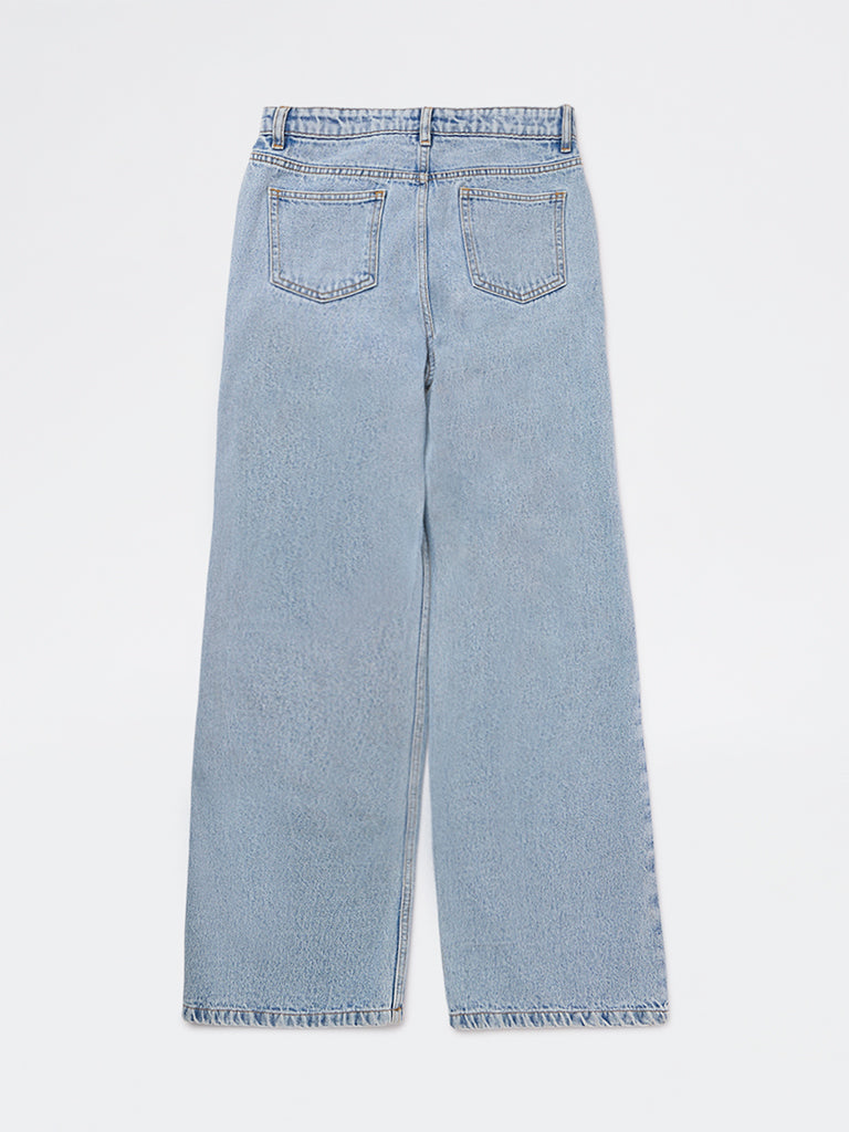 Girls Blue Embroidered High-Rise Jeans