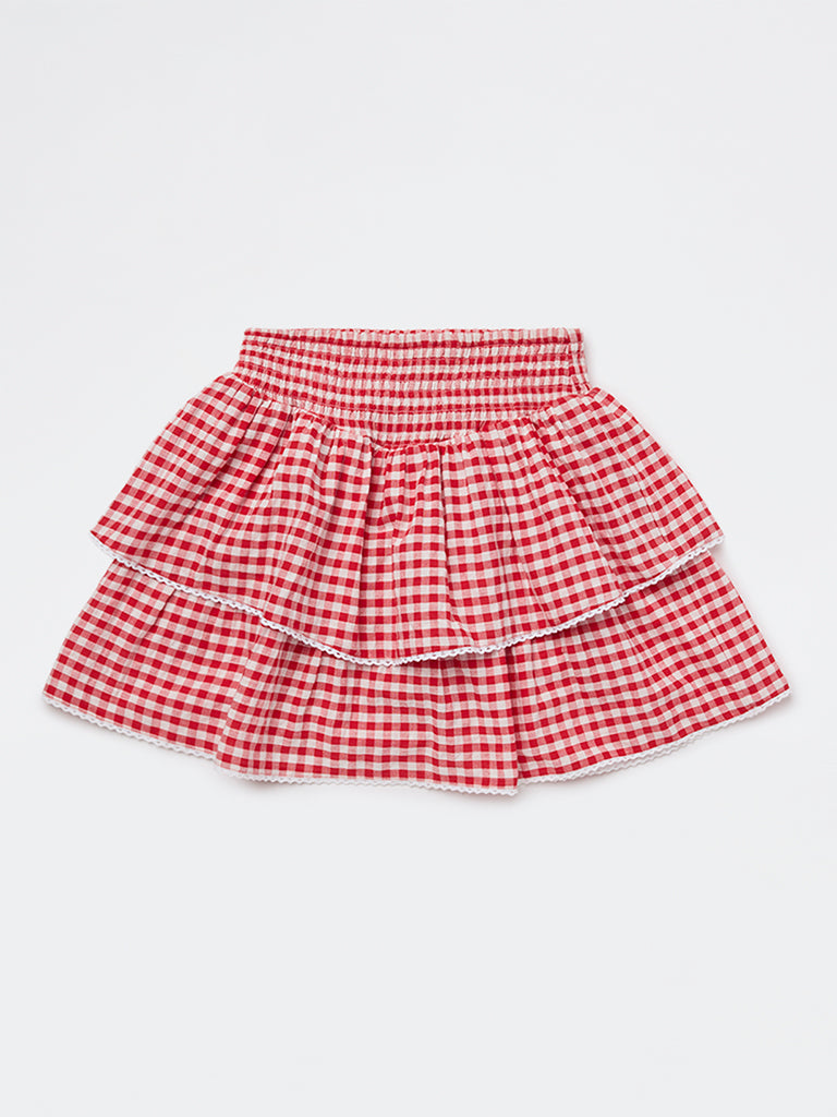 Girls Red Checkered Tiered Cotton Skirt