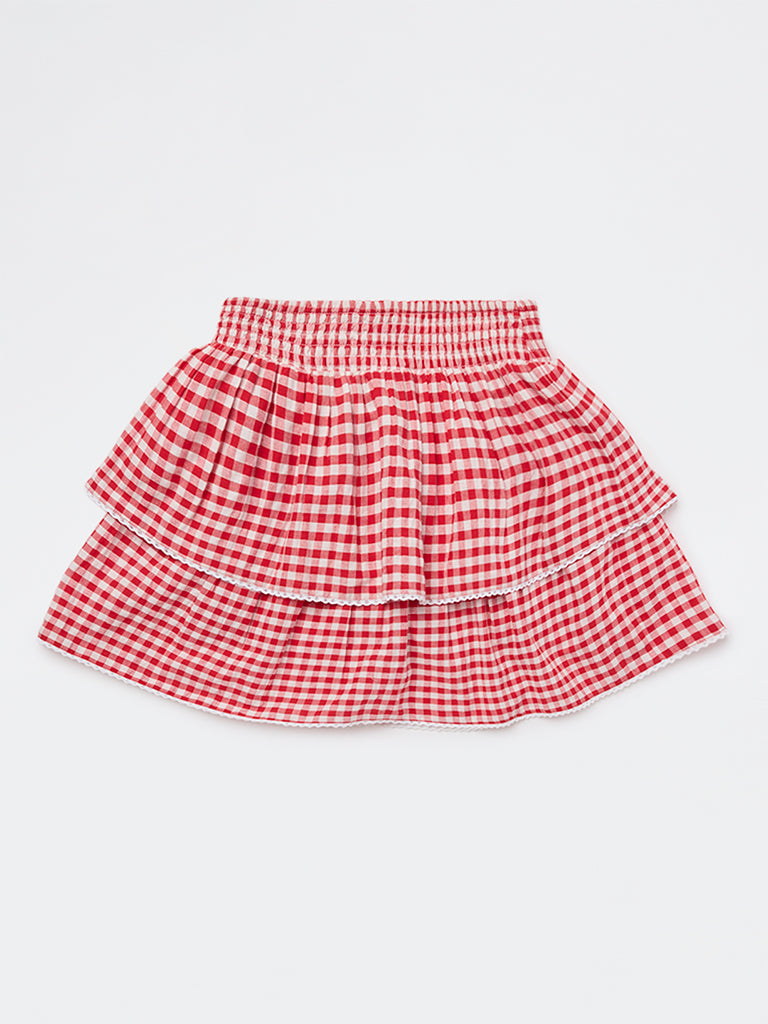 Girls Red Checkered Tiered Cotton Skirt