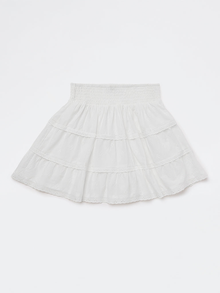 Girls White Embroidered Cotton Tiered Skirt