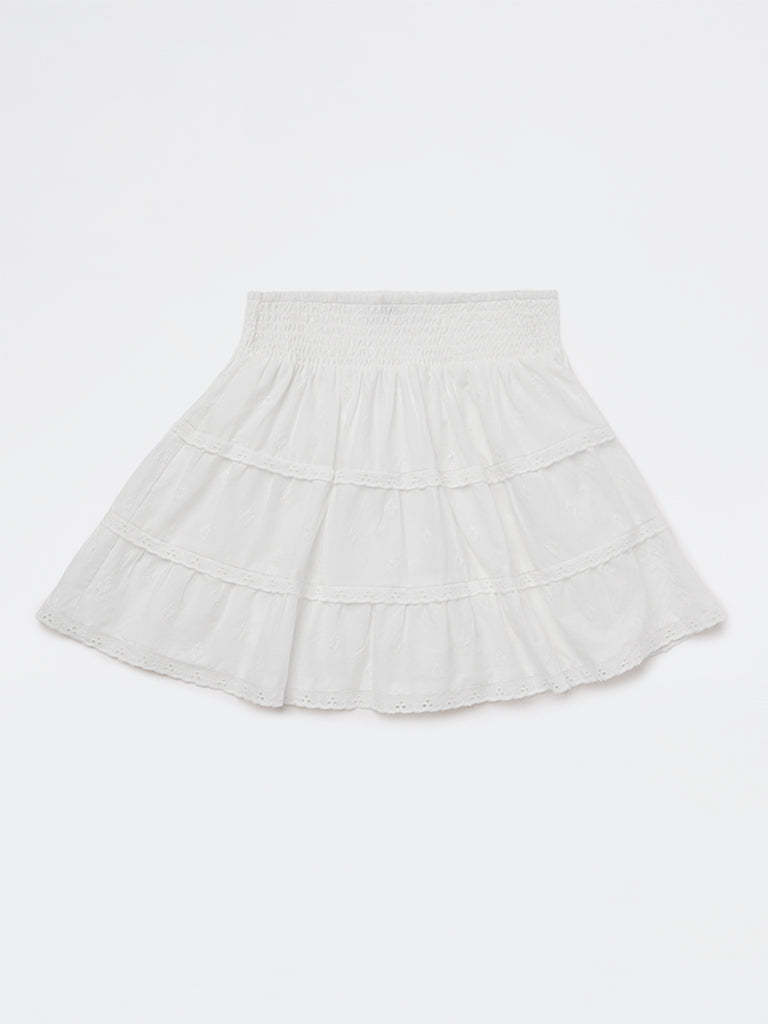 Girls White Embroidered Cotton Tiered Skirt