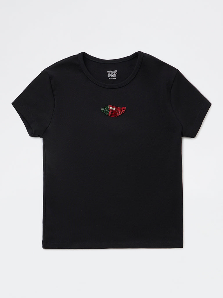Girls Black Embroidered Cotton-Blend T-Shirt