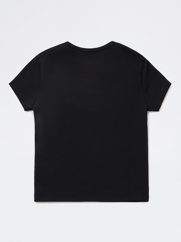 Girls Black Embroidered Cotton-Blend T-Shirt