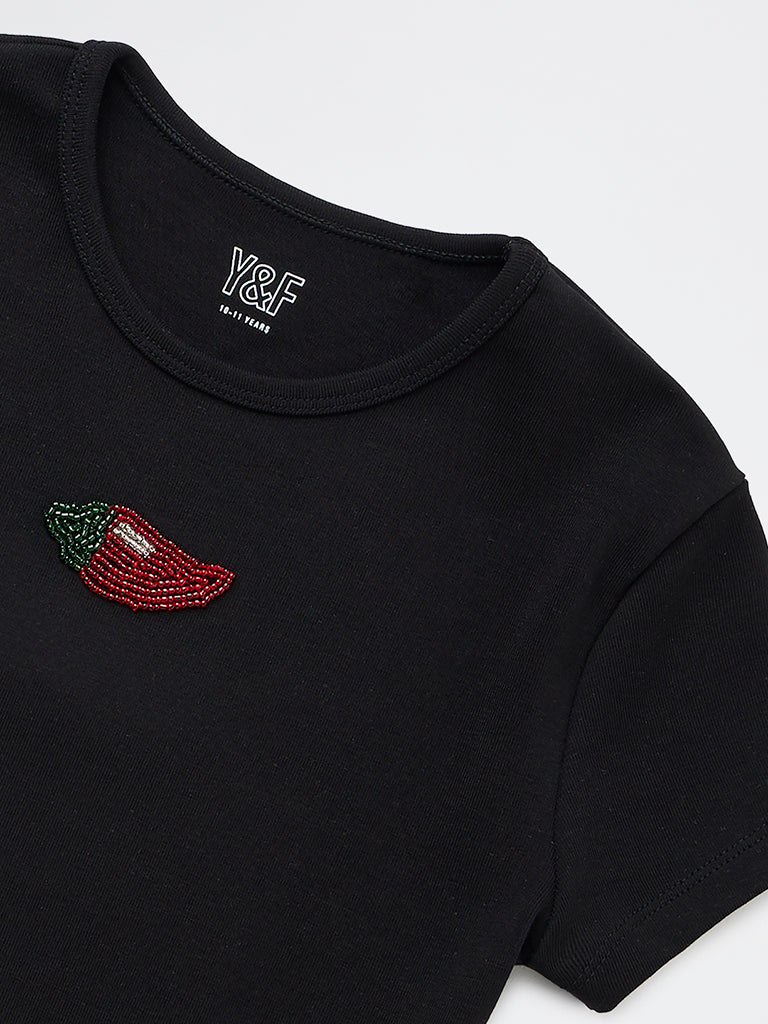 Girls Black Embroidered Cotton-Blend T-Shirt