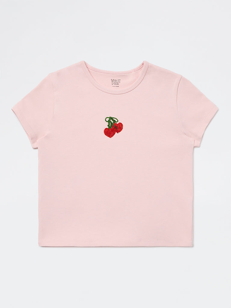 Girls Pink Embellished Cotton-Blend T-Shirt