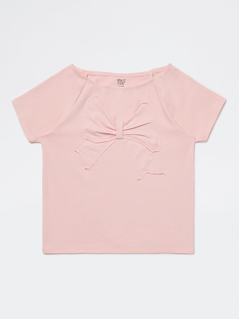 Girls Light Pink Bow Design Cotton-Blend Top