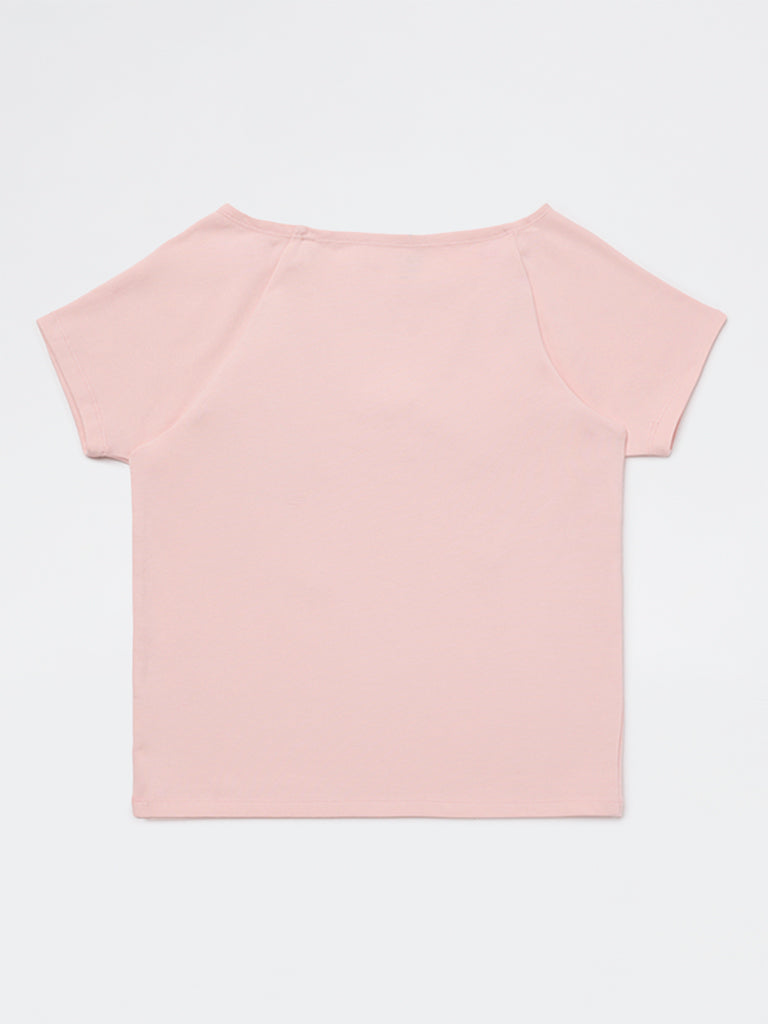 Girls Light Pink Bow Design Cotton-Blend Top