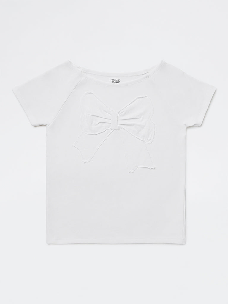 Girls White Bow Detailed Cotton-Blend Top