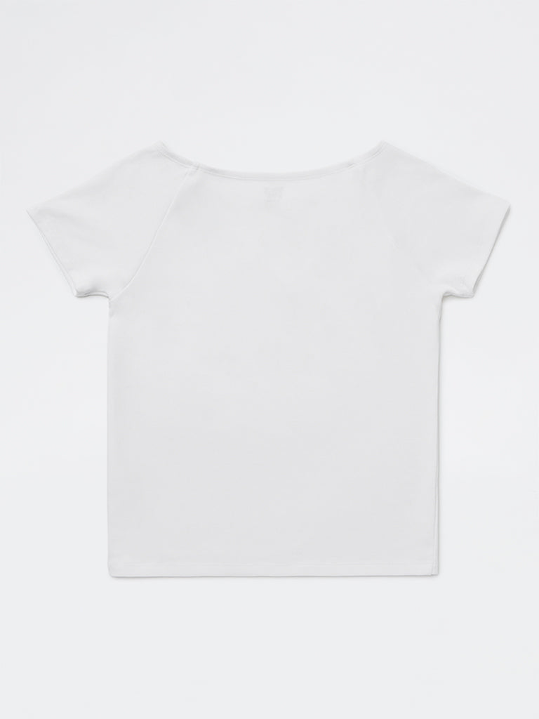 Girls White Bow Detailed Cotton-Blend Top