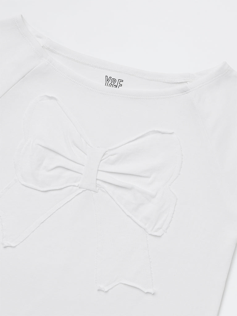 Girls White Bow Detailed Cotton-Blend Top