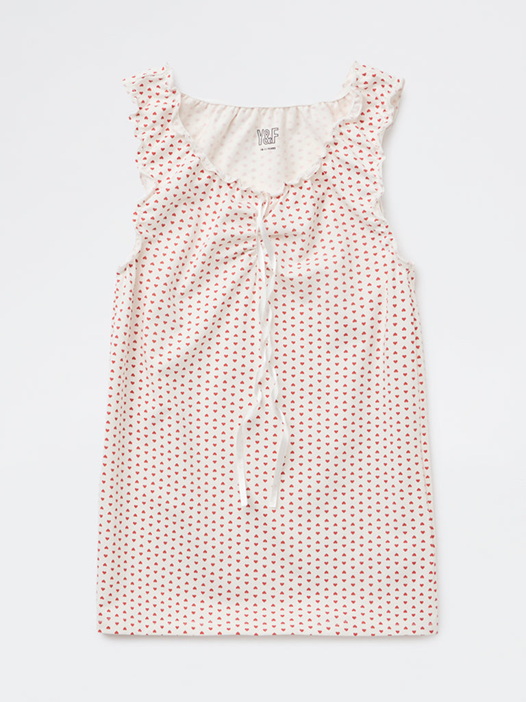 Girls White Heart Printed Cotton-Blend Top