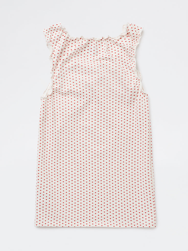 Girls White Heart Printed Cotton-Blend Top