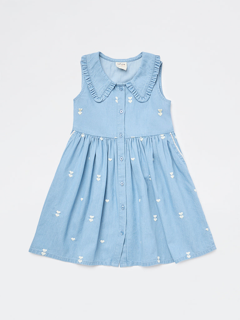 Utsa Kids Girls Blue Embroidered A-Line Denim Dress - (2-8 yrs)
