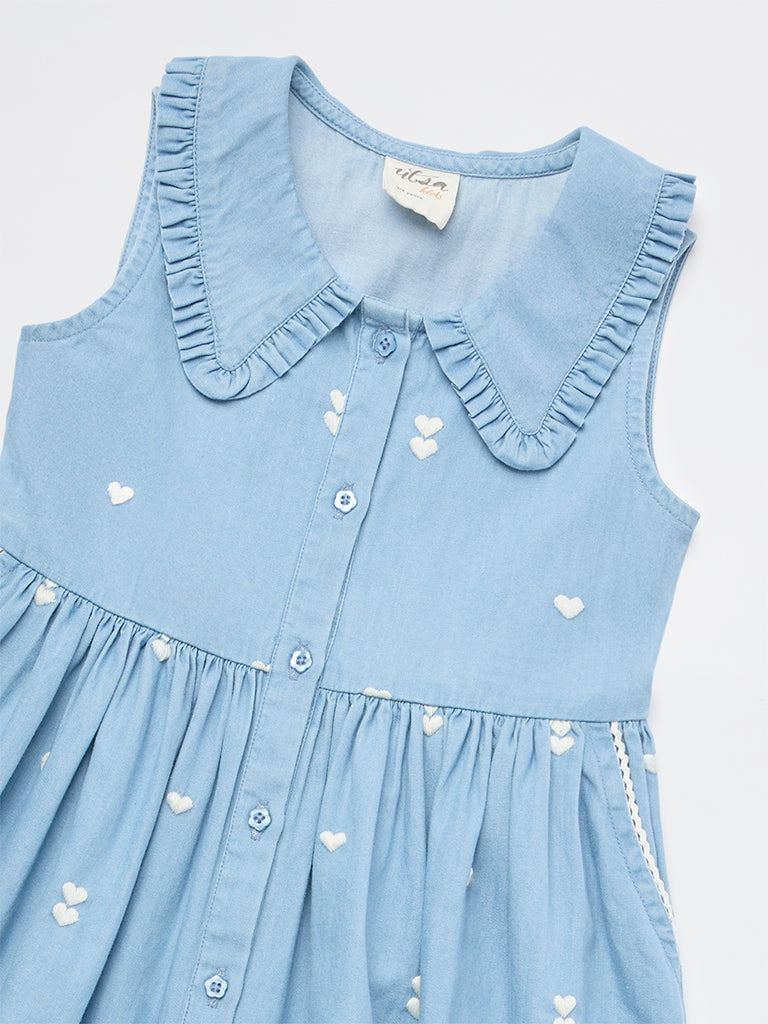 Utsa Kids Girls Blue Embroidered A-Line Denim Dress - (2-8 yrs)