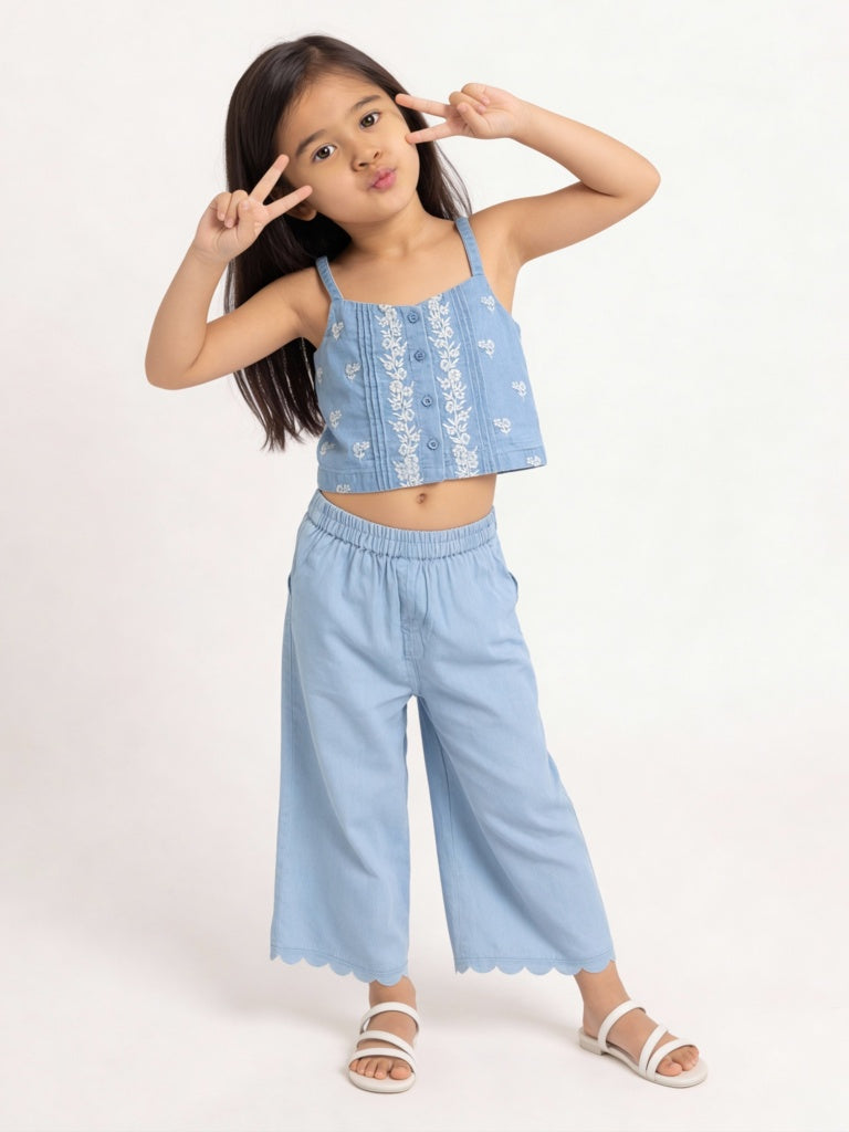 Utsa Kids Girls Blue Floral Embroidered Denim Top - (2-8 yrs)