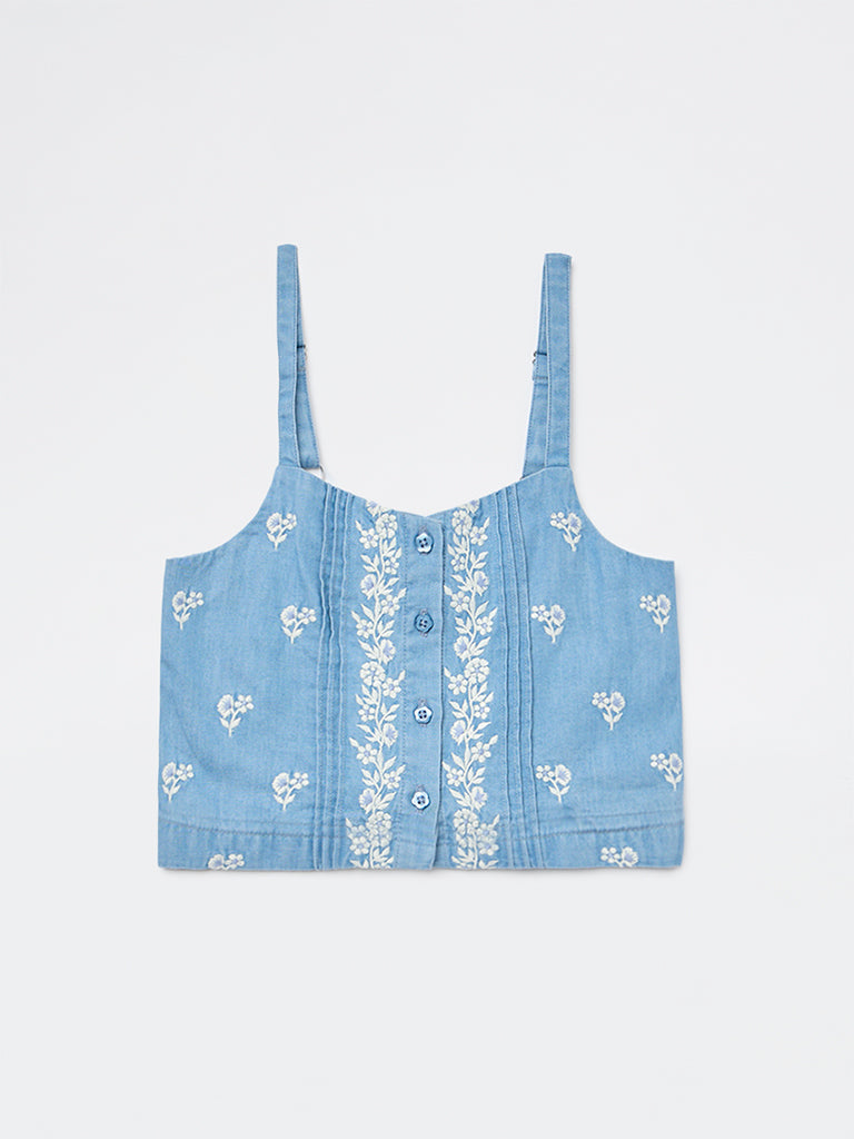 Utsa Kids Girls Blue Floral Embroidered Denim Top - (2-8 yrs)