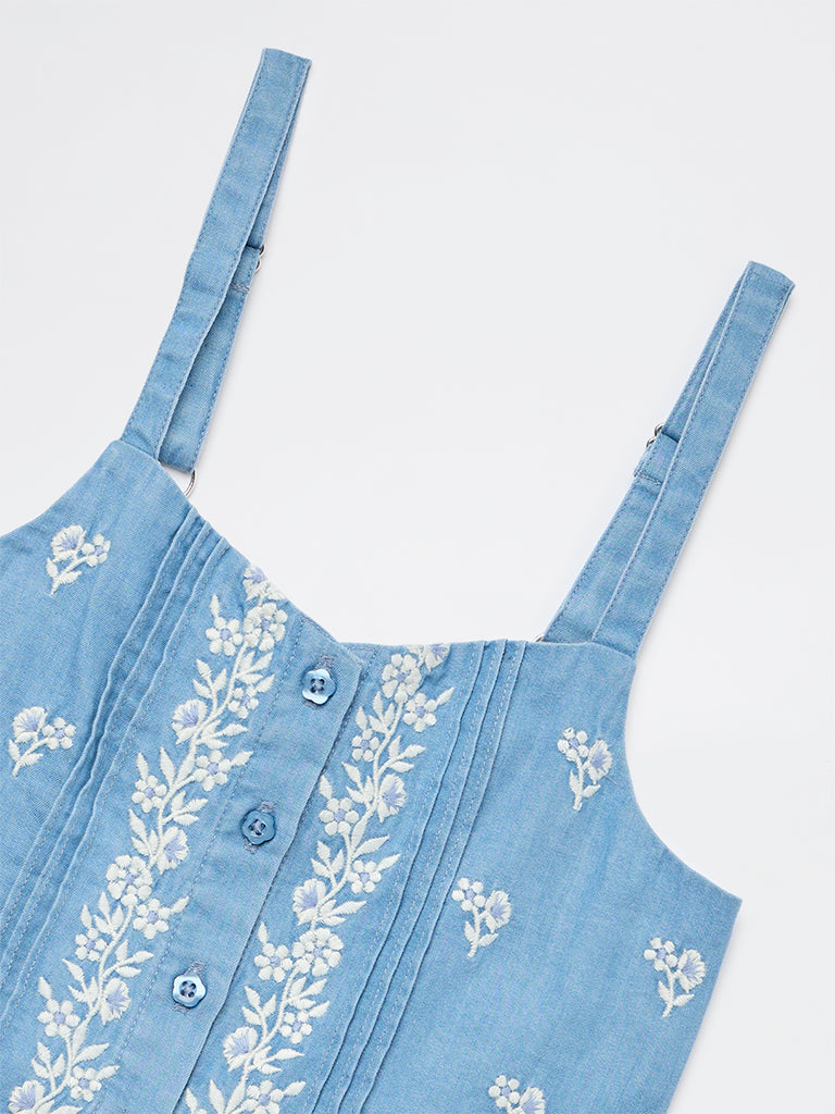Utsa Kids Girls Blue Floral Embroidered Denim Top - (2-8 yrs)