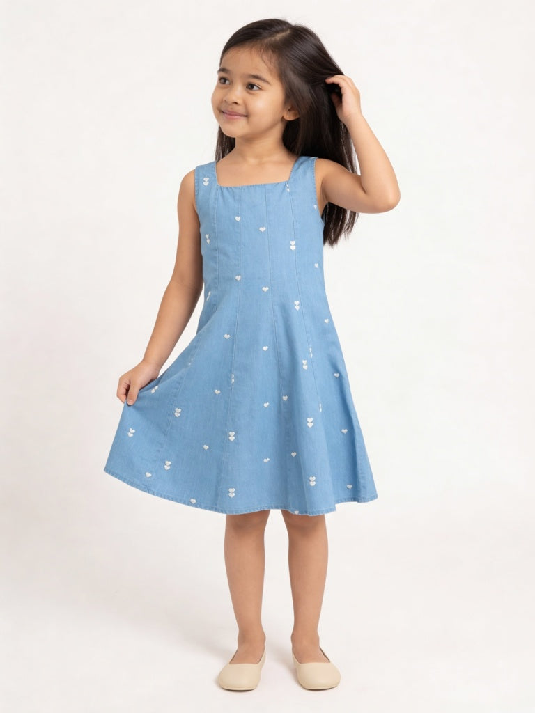 Utsa Kids Girls Blue Embroidered A-Line Denim Dress - (8-14 yrs)