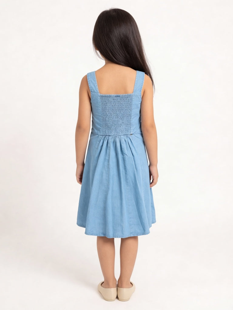Utsa Kids Girls Blue Embroidered A-Line Denim Dress - (8-14 yrs)
