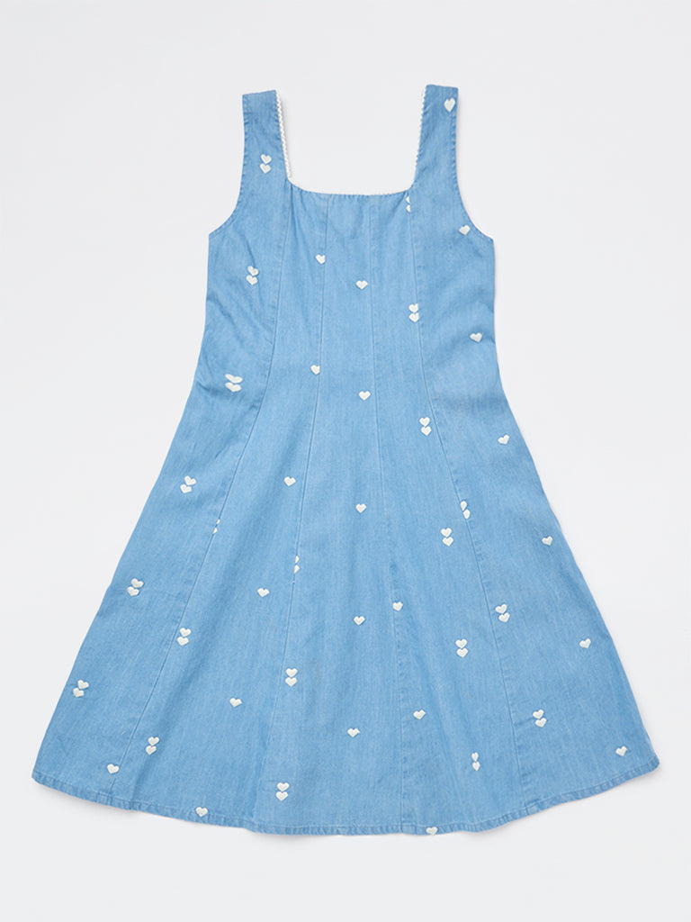 Utsa Kids Girls Blue Embroidered A-Line Denim Dress - (8-14 yrs)
