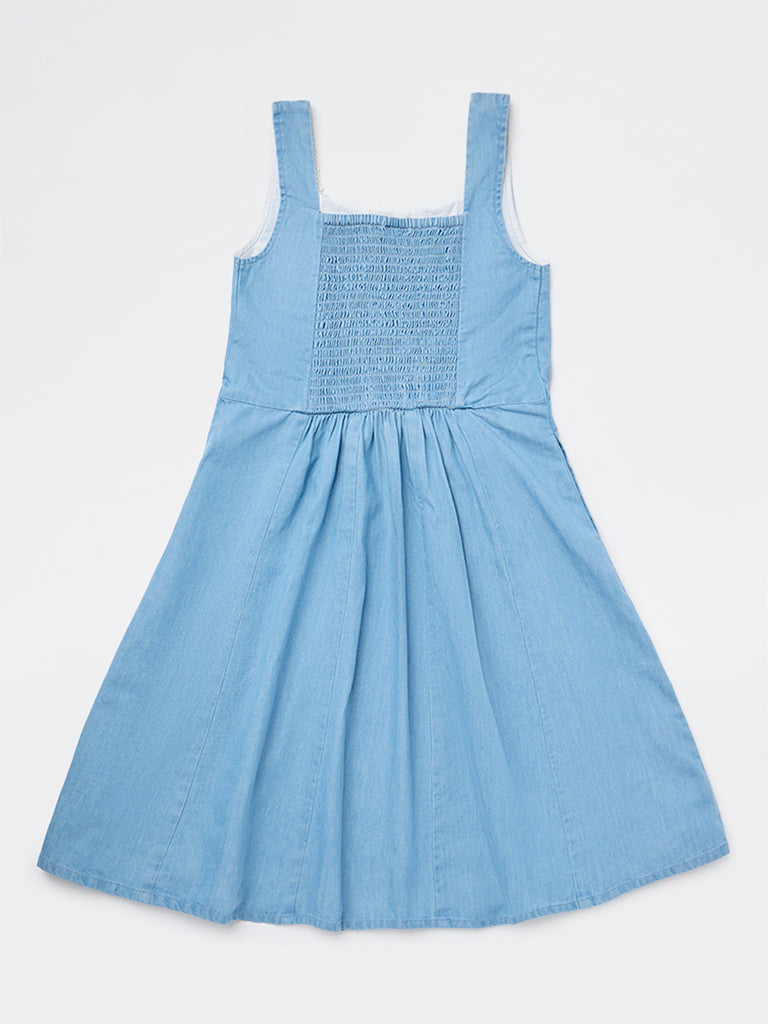 Utsa Kids Girls Blue Embroidered A-Line Denim Dress - (8-14 yrs)
