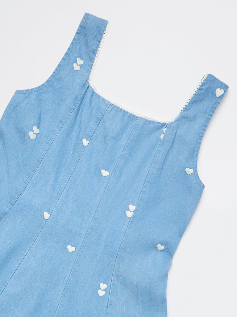 Utsa Kids Girls Blue Embroidered A-Line Denim Dress - (8-14 yrs)