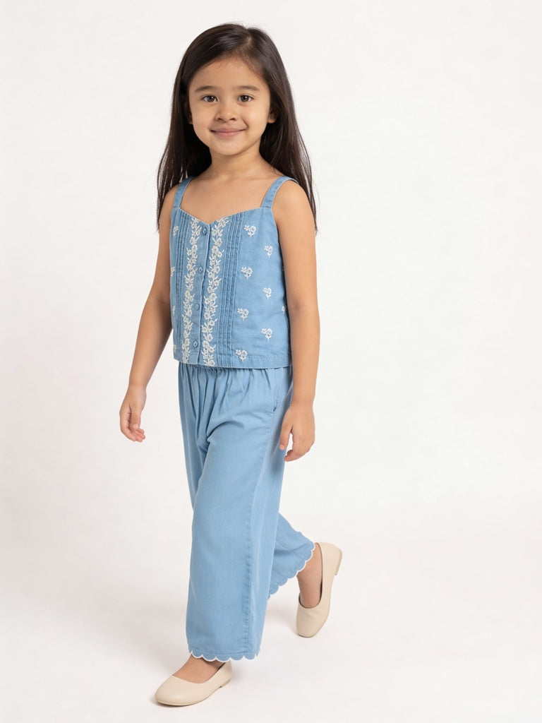Utsa Kids Girls Blue Floral Embroidered Denim Top - (8-14 yrs)