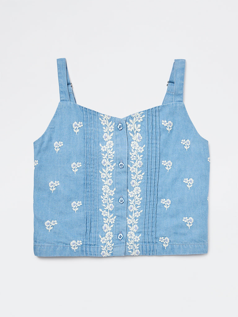 Utsa Kids Girls Blue Floral Embroidered Denim Top - (8-14 yrs)