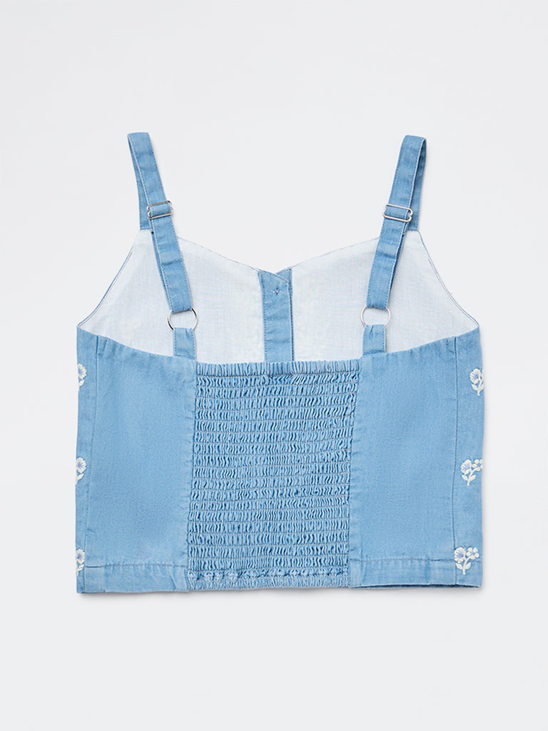 Utsa Kids Girls Blue Floral Embroidered Denim Top - (8-14 yrs)