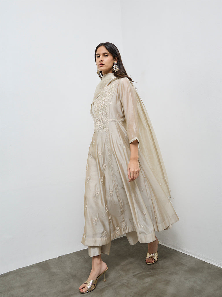Vark Beige Floral Embroidered Cotton-Blend Anarkali Ethnic Set