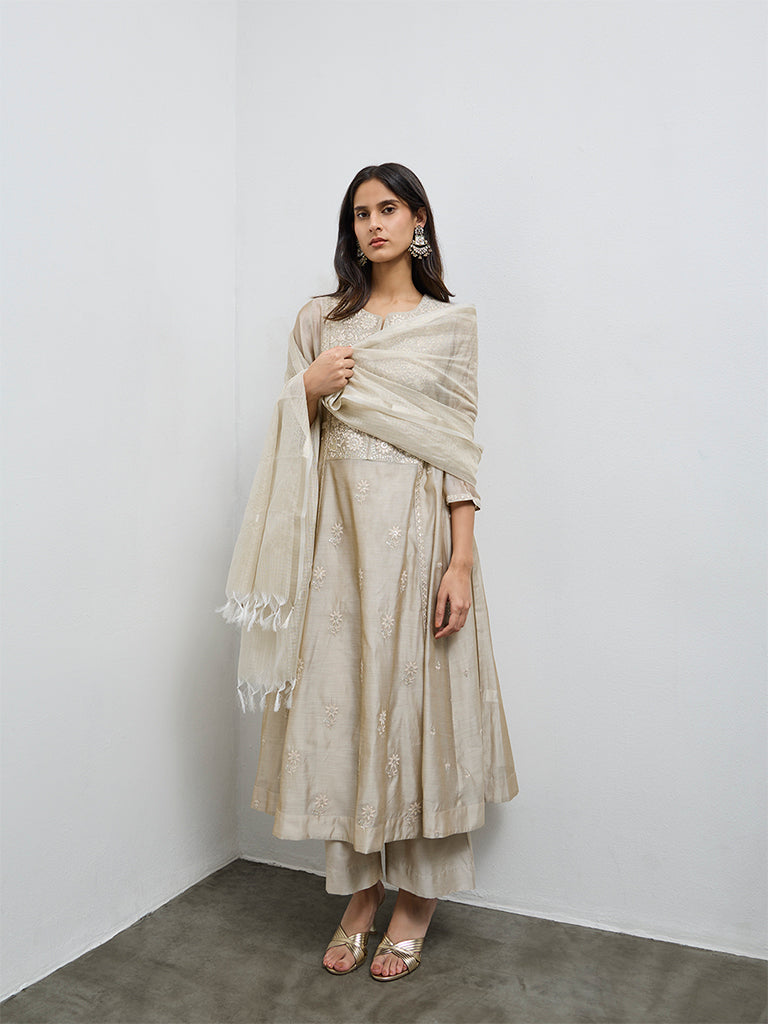 Vark Beige Floral Embroidered Cotton-Blend Anarkali Ethnic Set