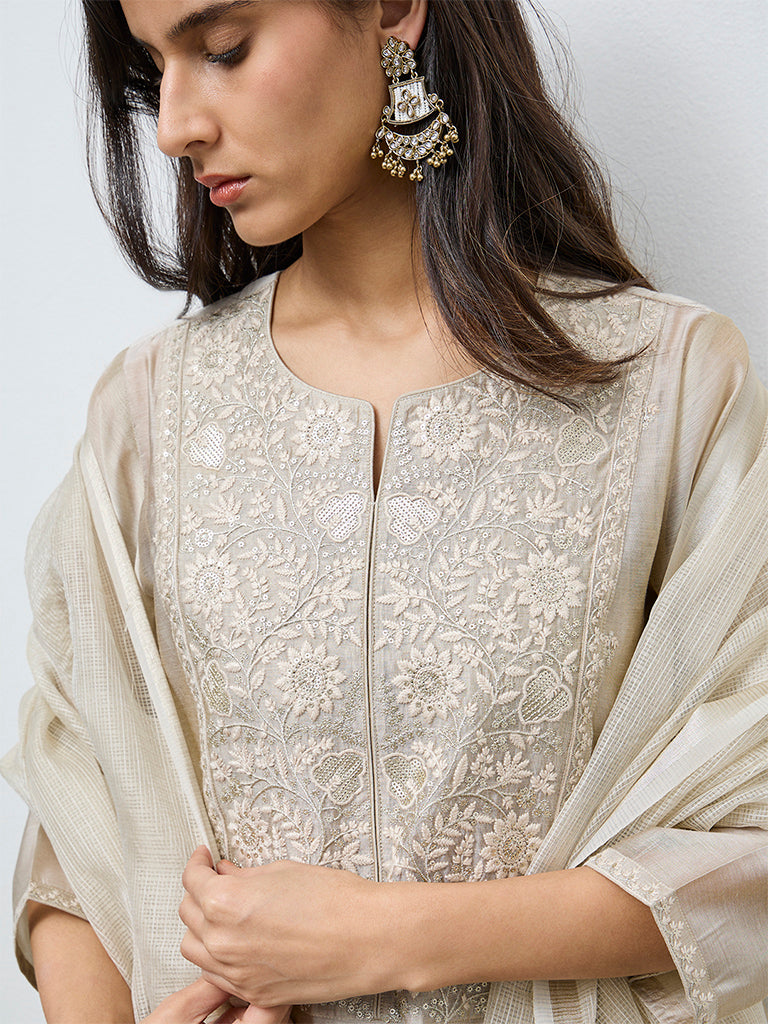 Vark Beige Floral Embroidered Cotton-Blend Anarkali Ethnic Set