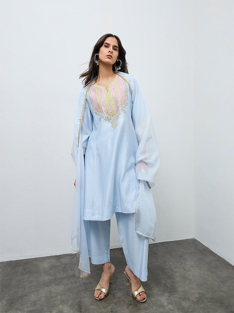 Vark Light Blue Embroidered A-Line Ethnic Set