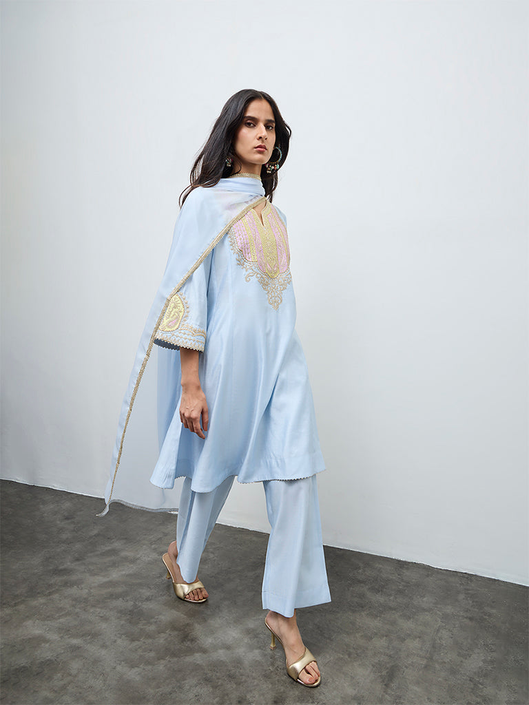 Vark Light Blue Embroidered A-Line Ethnic Set