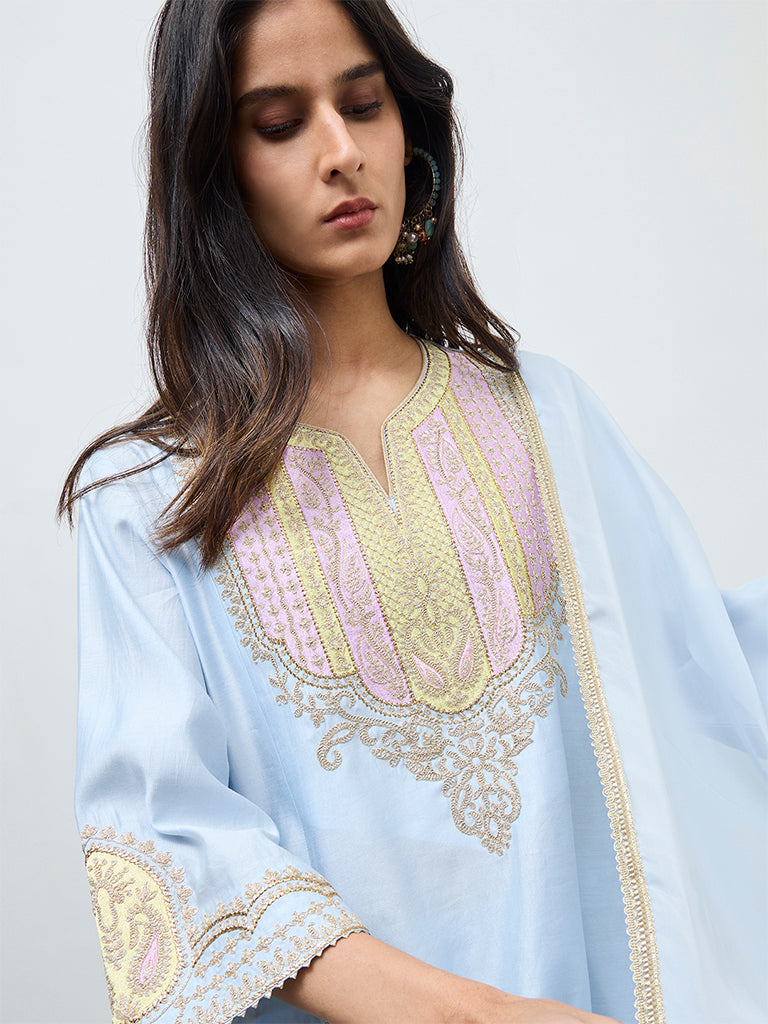 Vark Light Blue Embroidered A-Line Ethnic Set
