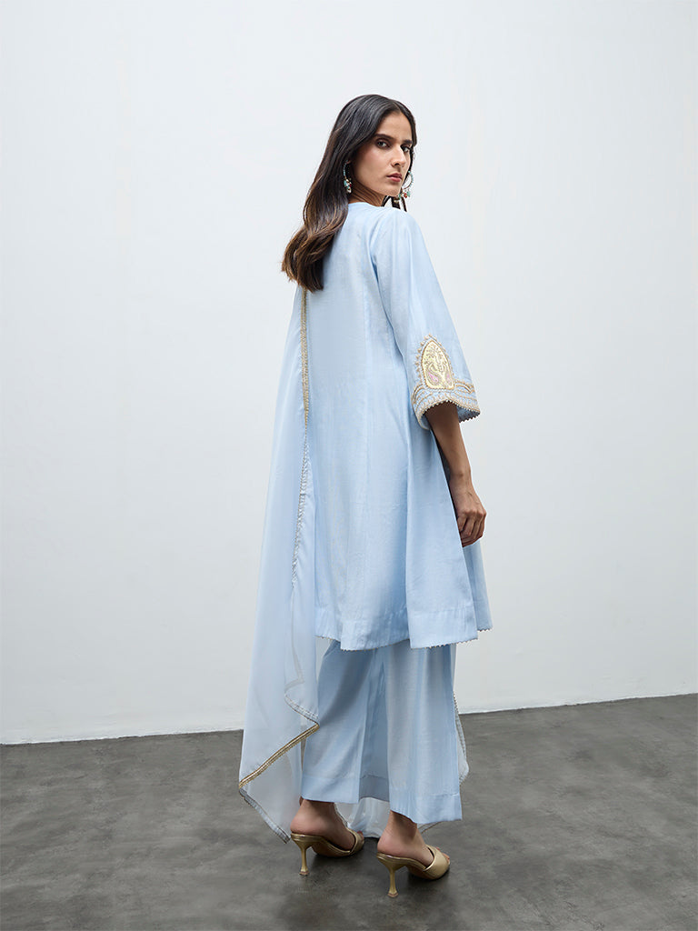 Vark Light Blue Embroidered A-Line Ethnic Set