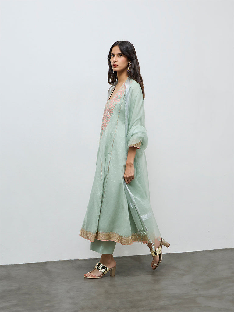 Vark Mint Floral Embroidered Cotton-Blend A-Line Ethnic Set