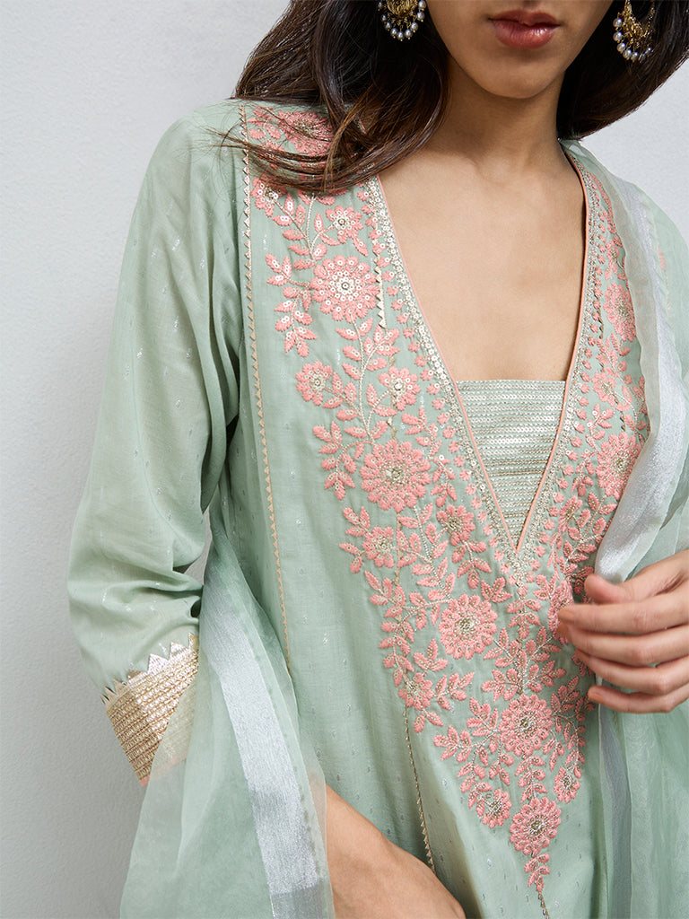 Vark Mint Floral Embroidered Cotton-Blend A-Line Ethnic Set