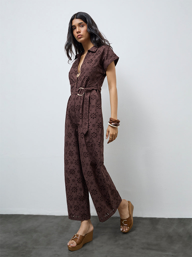 LOV Dark Brown Schiffli Embroidered Cotton Jumpsuit with Belt