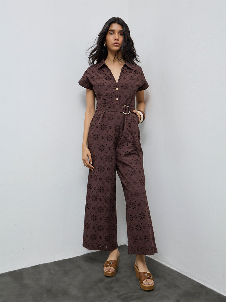 LOV Dark Brown Schiffli Embroidered Cotton Jumpsuit with Belt