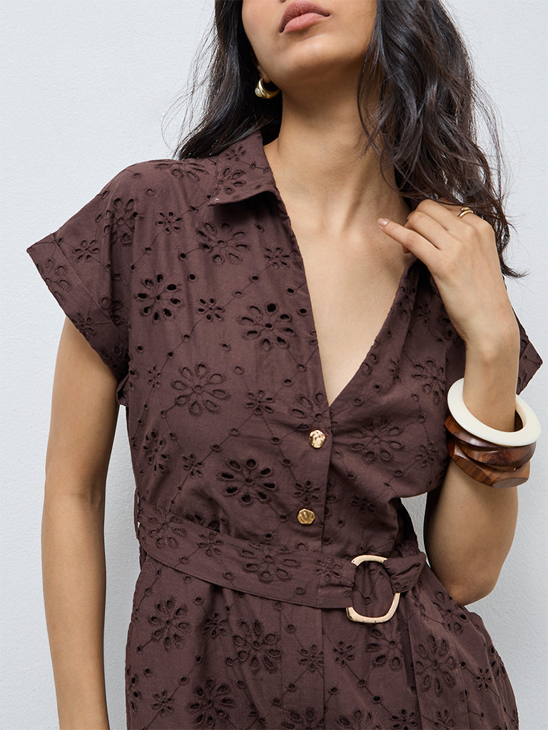 LOV Dark Brown Schiffli Embroidered Cotton Jumpsuit with Belt