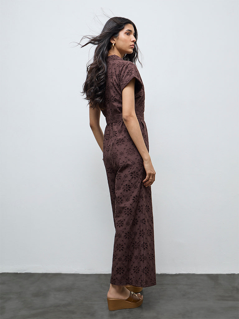 LOV Dark Brown Schiffli Embroidered Cotton Jumpsuit with Belt