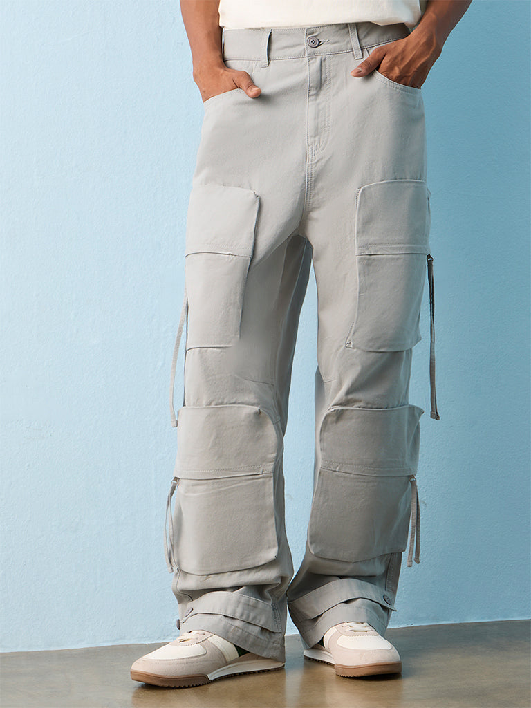Nuon Grey Loose-Fit Mid-Rise Cotton Cargo Pants