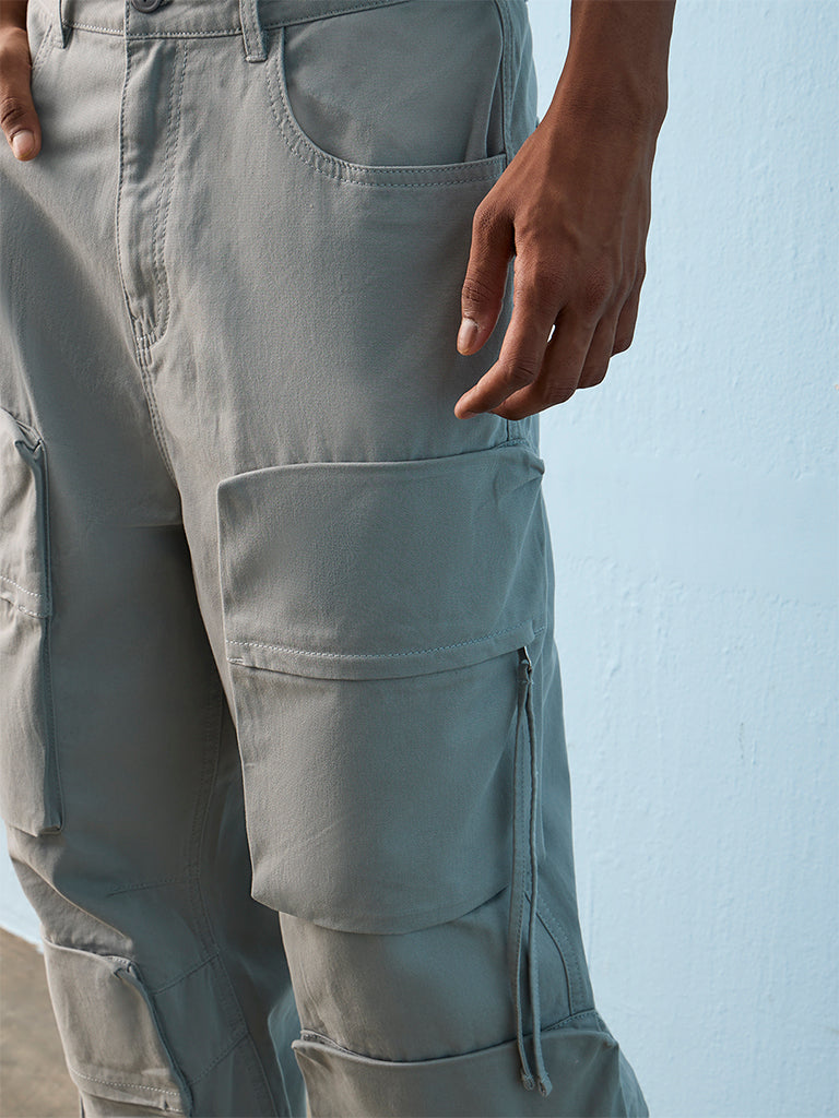 Nuon Grey Loose-Fit Mid-Rise Cotton Cargo Pants