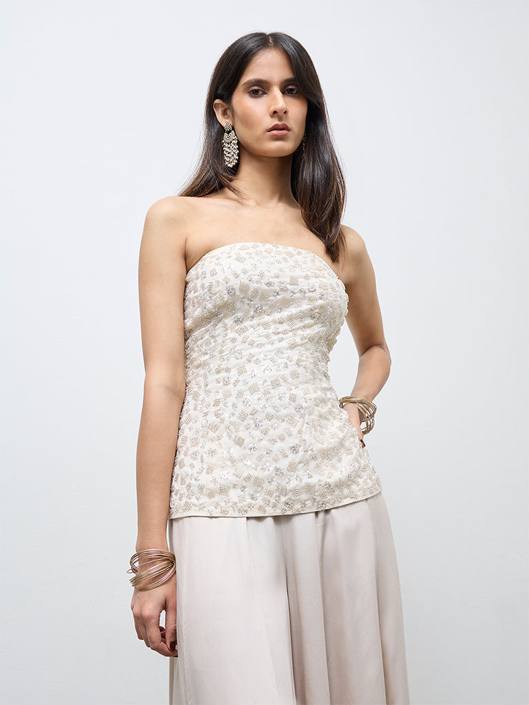 Vark Off-White Embellished Tube Top
